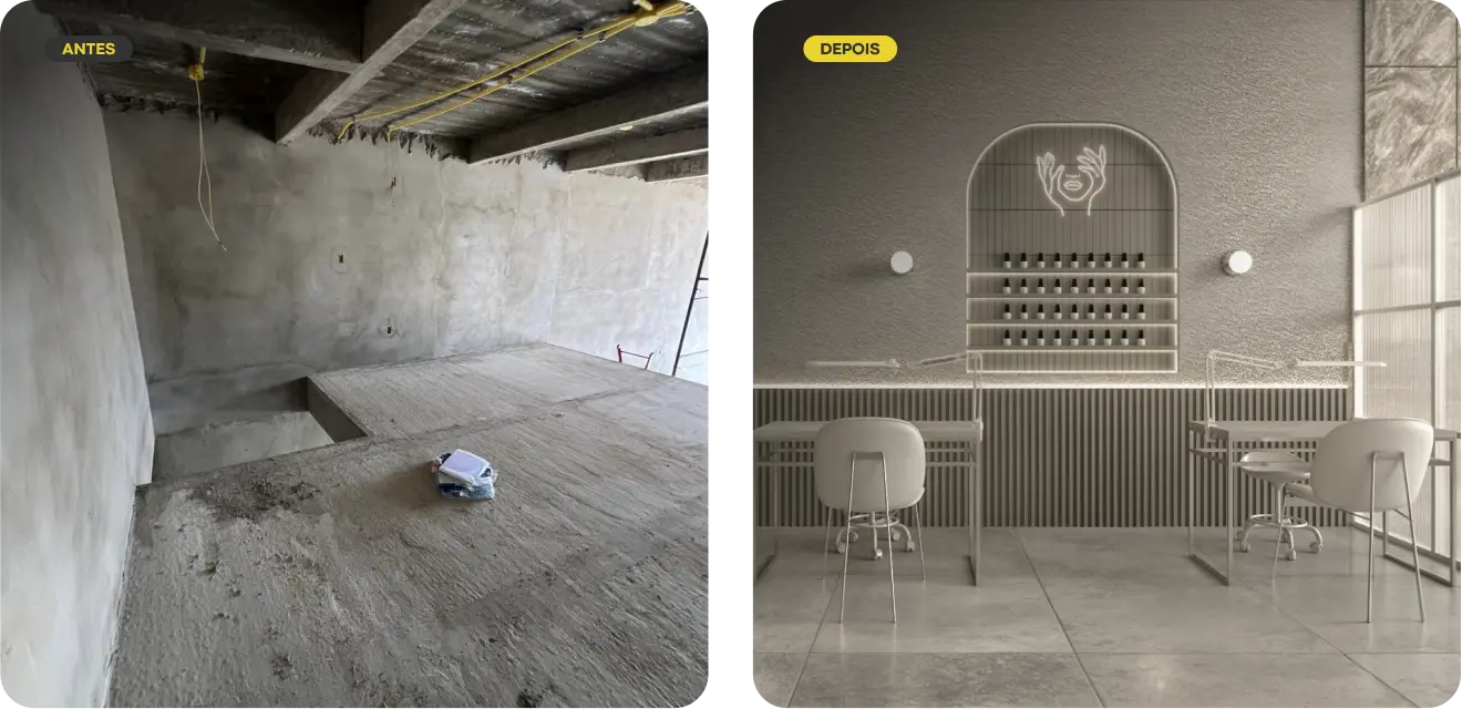 Antes e depois da sala principal do salão