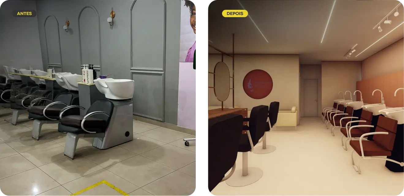 Antes e depois da área de lavagem do salão